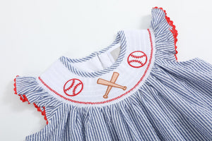 Blue Seersucker Baseball Smocked Bishop Dress
