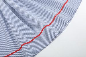Blue Seersucker Baseball Smocked Bishop Dress