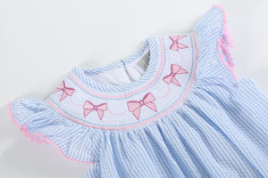 Blue Seersucker Bow Smocked Flutter Bubble Romper