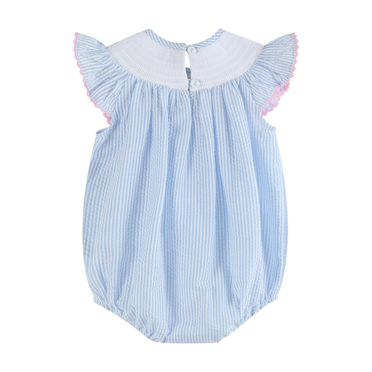 Blue Seersucker Bow Smocked Flutter Bubble Romper