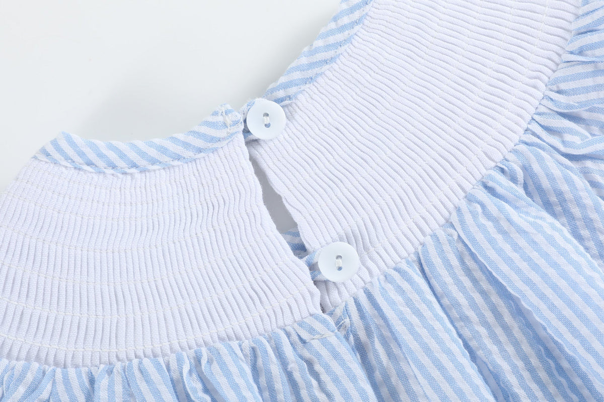 Blue Seersucker Bow Smocked Flutter Bubble Romper