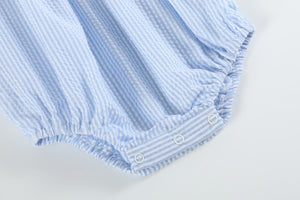 Blue Seersucker Bow Smocked Flutter Bubble Romper