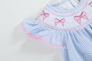 Blue Seersucker Bow Smocked Flutter Bubble Romper