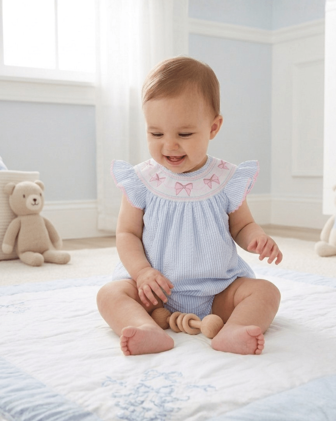 Blue Seersucker Bow Smocked Flutter Bubble Romper