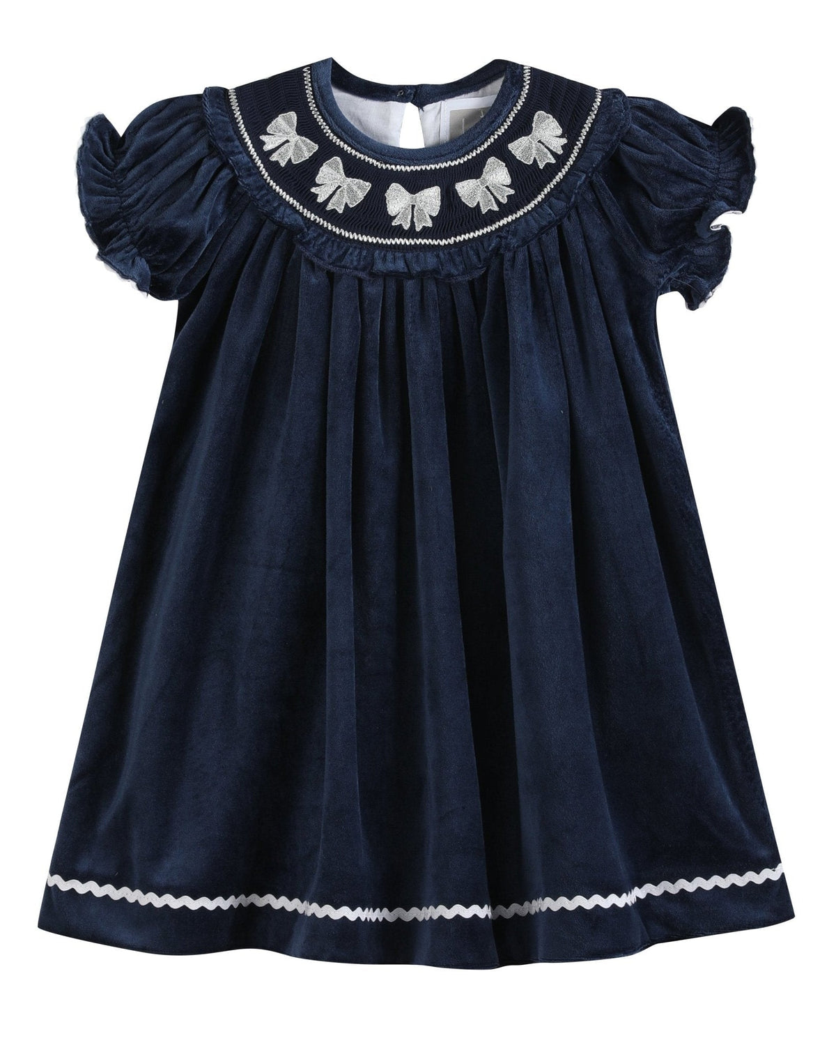Blue Velvet Silver Bows Smocked Ruffle Bishop Dress