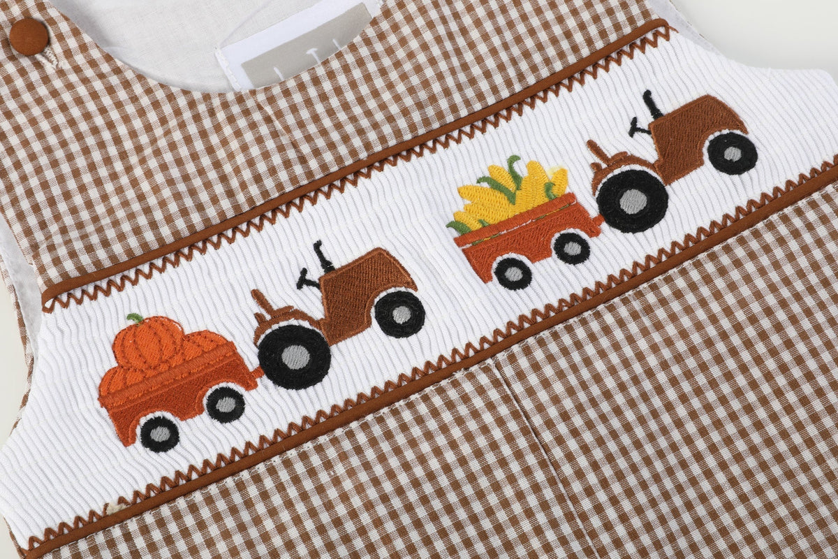 Brown Gingham Pumpkin and Corn Tractor Smocked Longall
