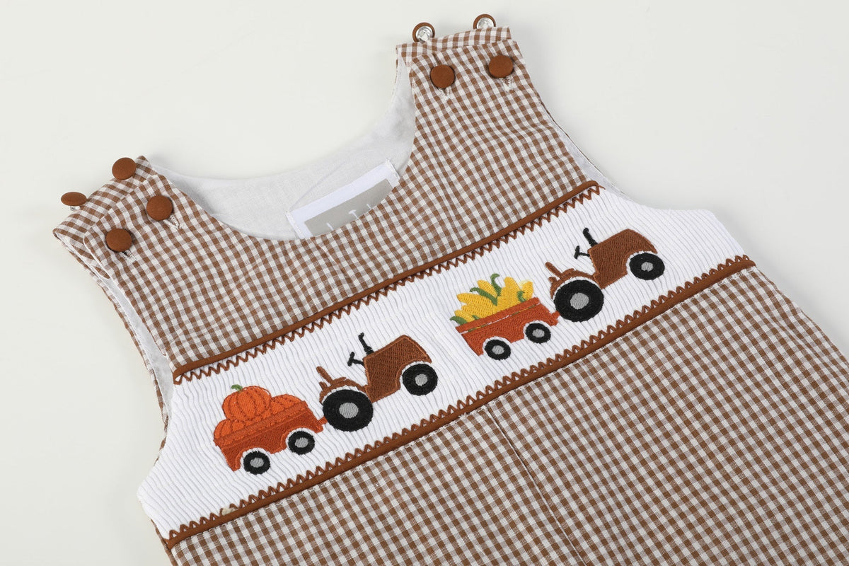 Brown Gingham Pumpkin and Corn Tractor Smocked Longall