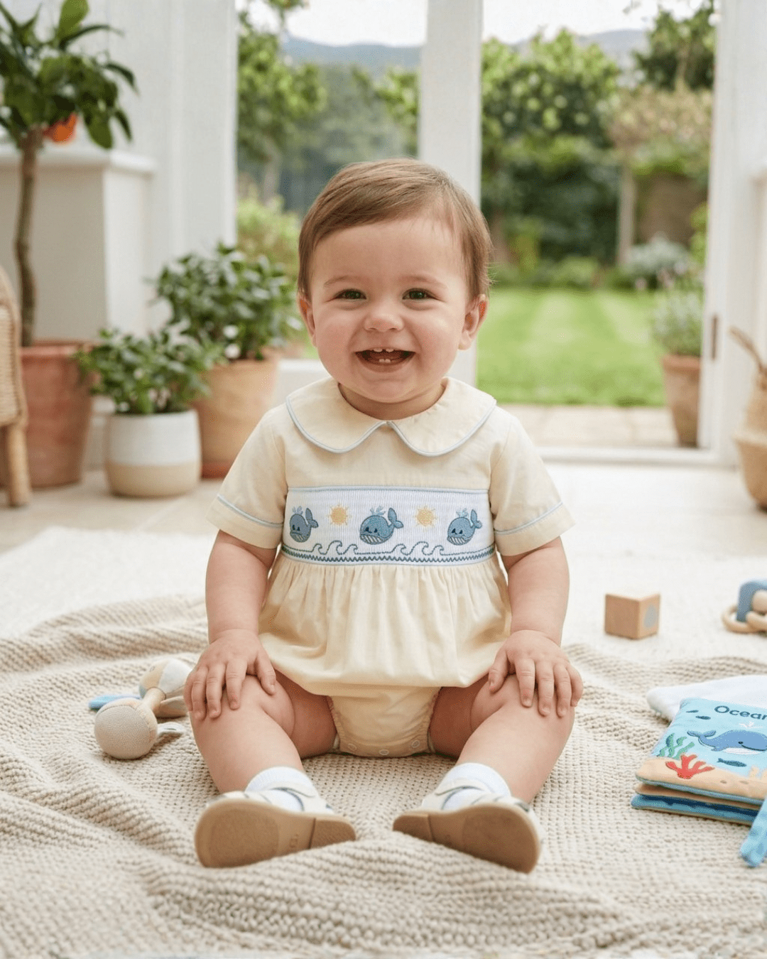 Buttercream Yellow Whale Smocked Collared Bubble Romper