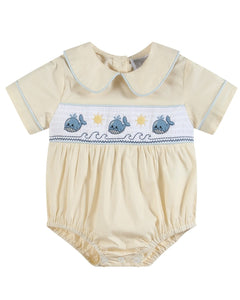 Buttercream Yellow Whale Smocked Collared Bubble Romper