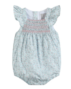 Floral Blue Dove Smocked Flutter Bubble Romper