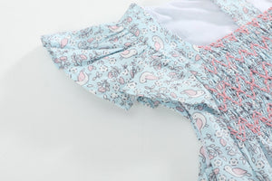 Floral Blue Dove Smocked Flutter Bubble Romper