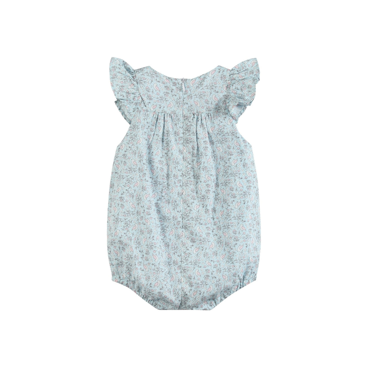 Floral Blue Dove Smocked Flutter Bubble Romper
