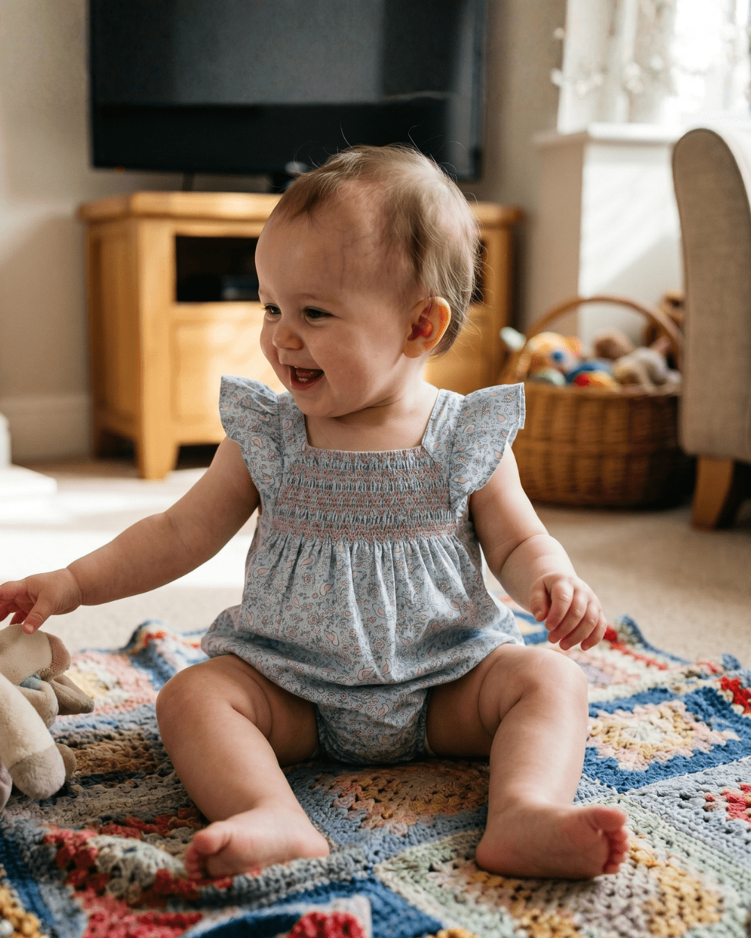Floral Blue Dove Smocked Flutter Bubble Romper