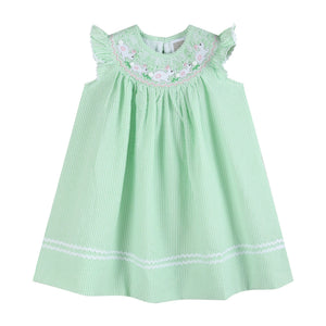 Green Seersucker Easter Bunny Smocked Bishop Dress
