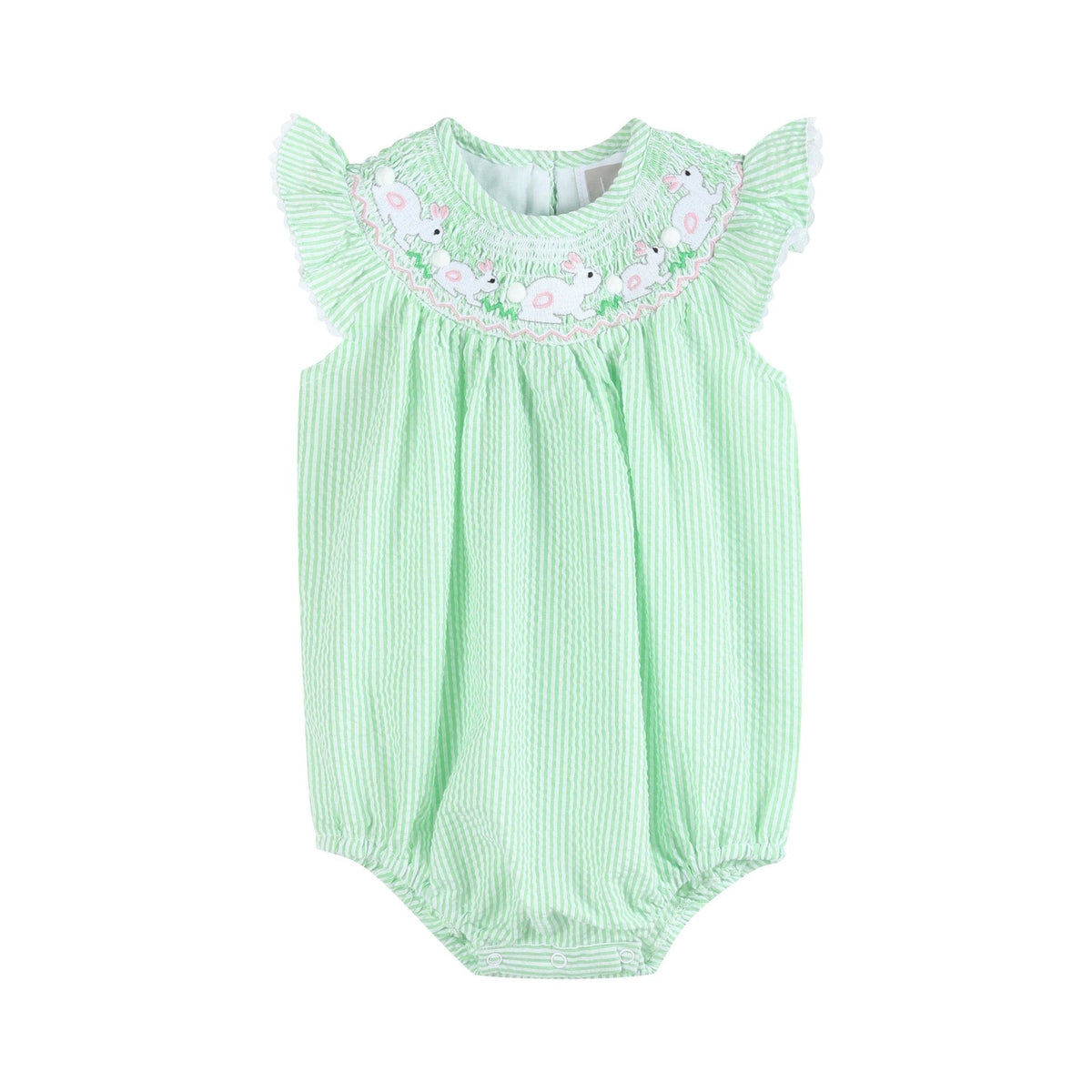 Green Seersucker Bunny Smocked Flutter Bubble  Romper