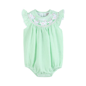 Green Seersucker Bunny Smocked Flutter Bubble  Romper