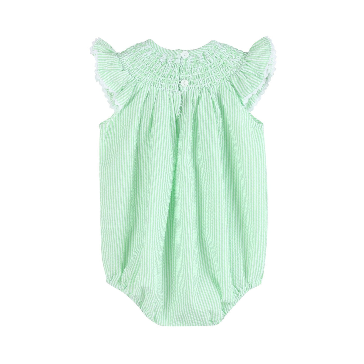 Green Seersucker Bunny Smocked Flutter Bubble  Romper