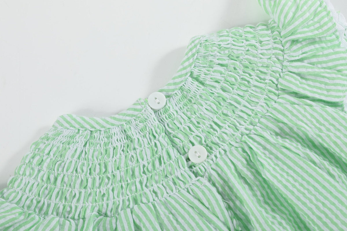 Green Seersucker Bunny Smocked Flutter Bubble  Romper