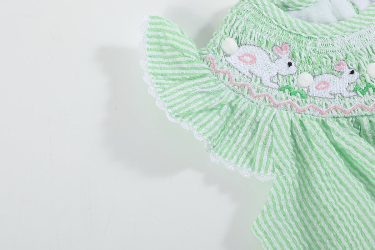 Green Seersucker Bunny Smocked Flutter Bubble  Romper