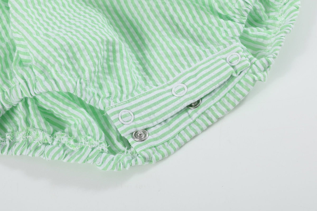 Green Seersucker Bunny Smocked Flutter Bubble  Romper