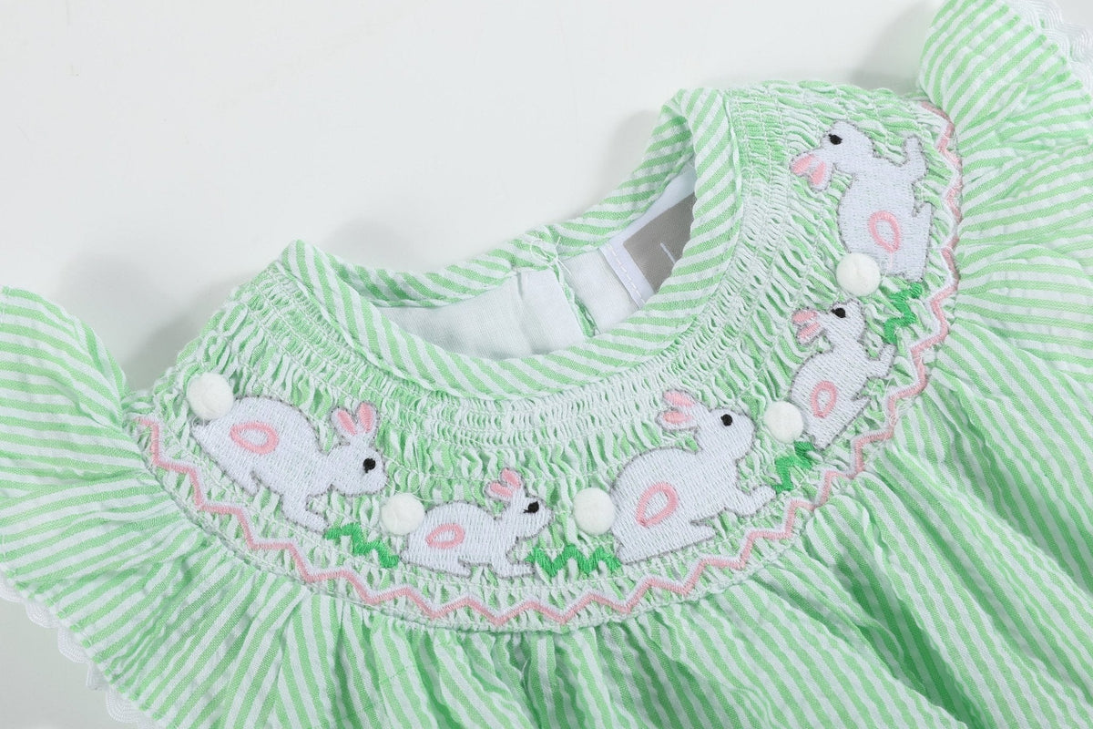 Green Seersucker Bunny Smocked Flutter Bubble  Romper
