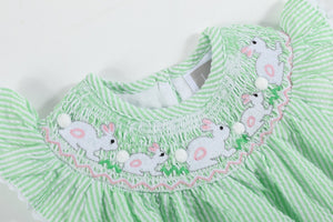 Green Seersucker Bunny Smocked Flutter Bubble  Romper