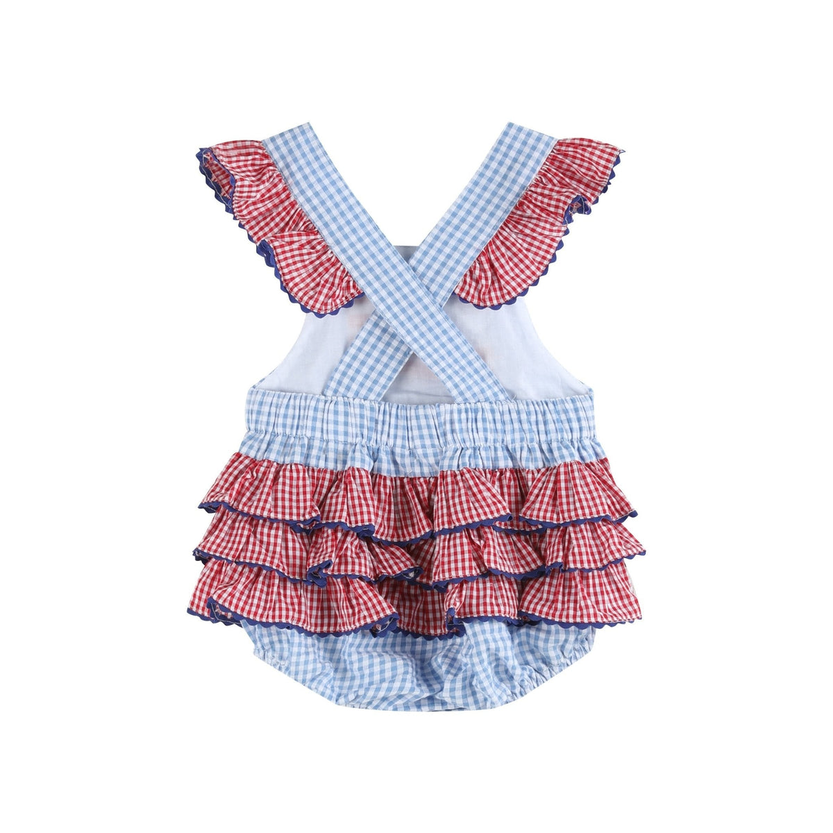 Light Blue and Red Gingham USA Flag Ruffle Bubble Romper
