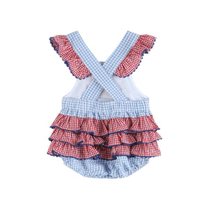 Light Blue and Red Gingham USA Flag Ruffle Bubble Romper