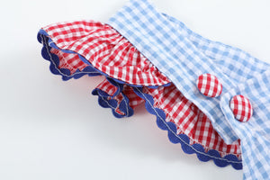 Light Blue and Red Gingham USA Flag Ruffle Bubble Romper