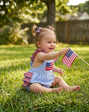 Light Blue and Red Gingham USA Flag Ruffle Bubble Romper