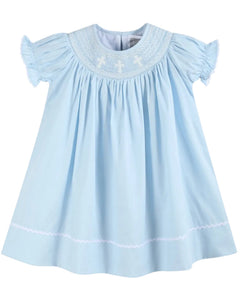 Light Blue Crosses Smocked Bishop Dress