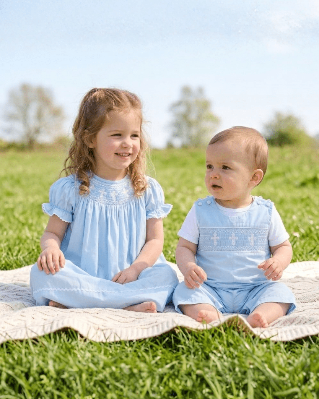 Light Blue Crosses Smocked Longall