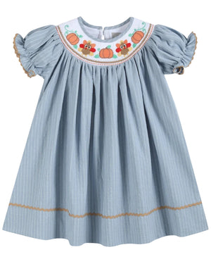 Light Blue Pinstripe Turkey Smocked Bishop Dress