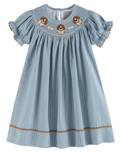 Light Blue Puppy Smocked Bishop Dress