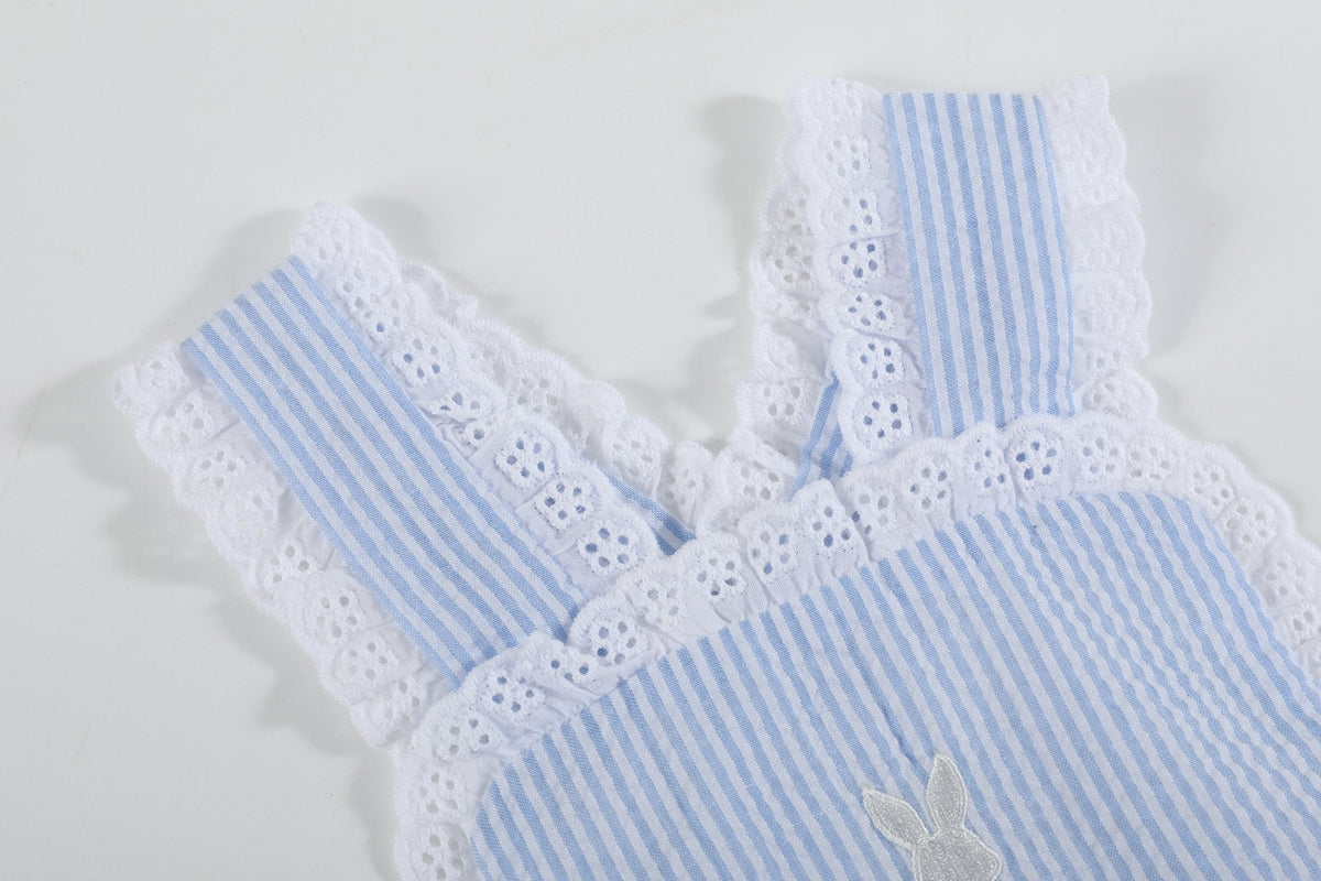 Light Blue Seersucker Bunny Ruffle Bubble Romper