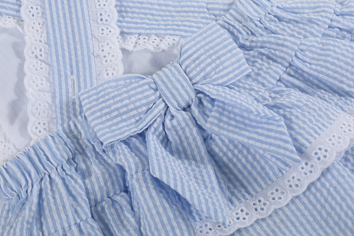 Light Blue Seersucker Bunny Ruffle Bubble Romper