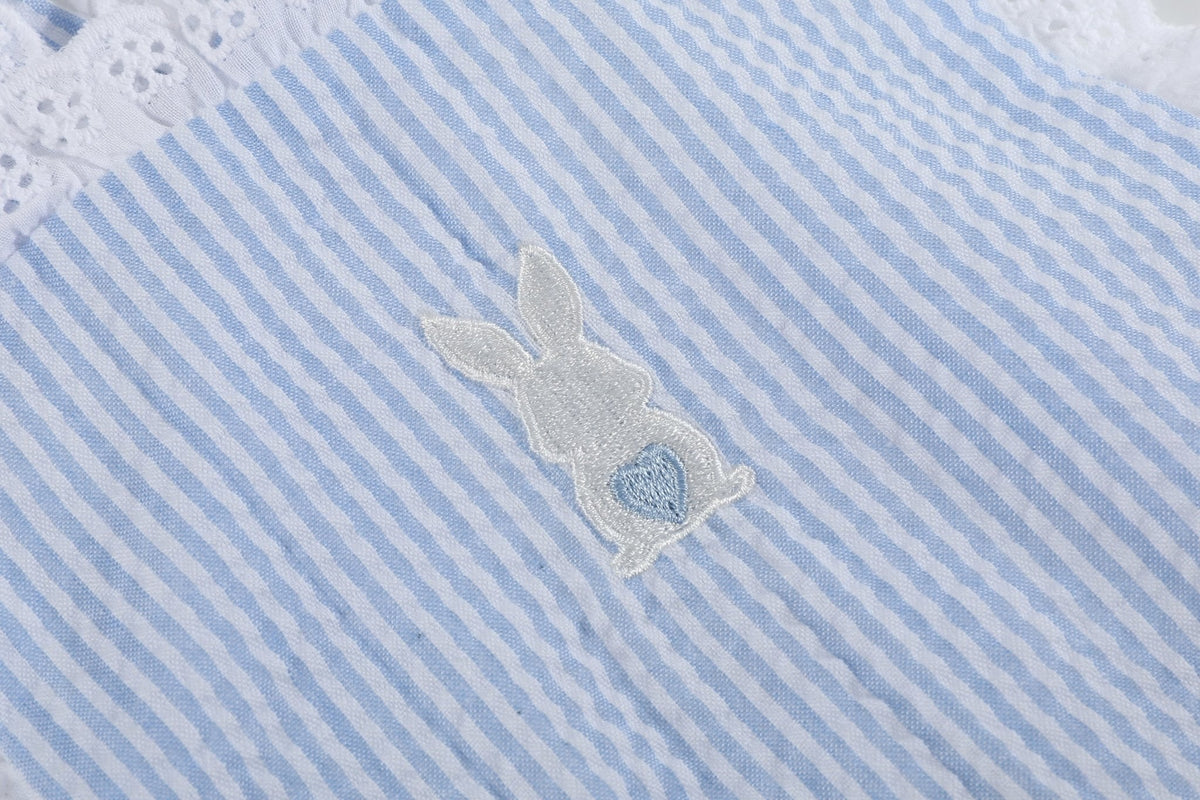 Light Blue Seersucker Bunny Ruffle Bubble Romper