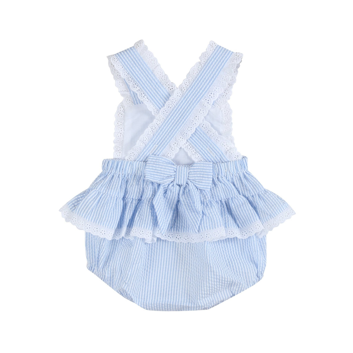 Light Blue Seersucker Bunny Ruffle Bubble Romper