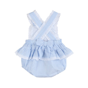 Light Blue Seersucker Bunny Ruffle Bubble Romper