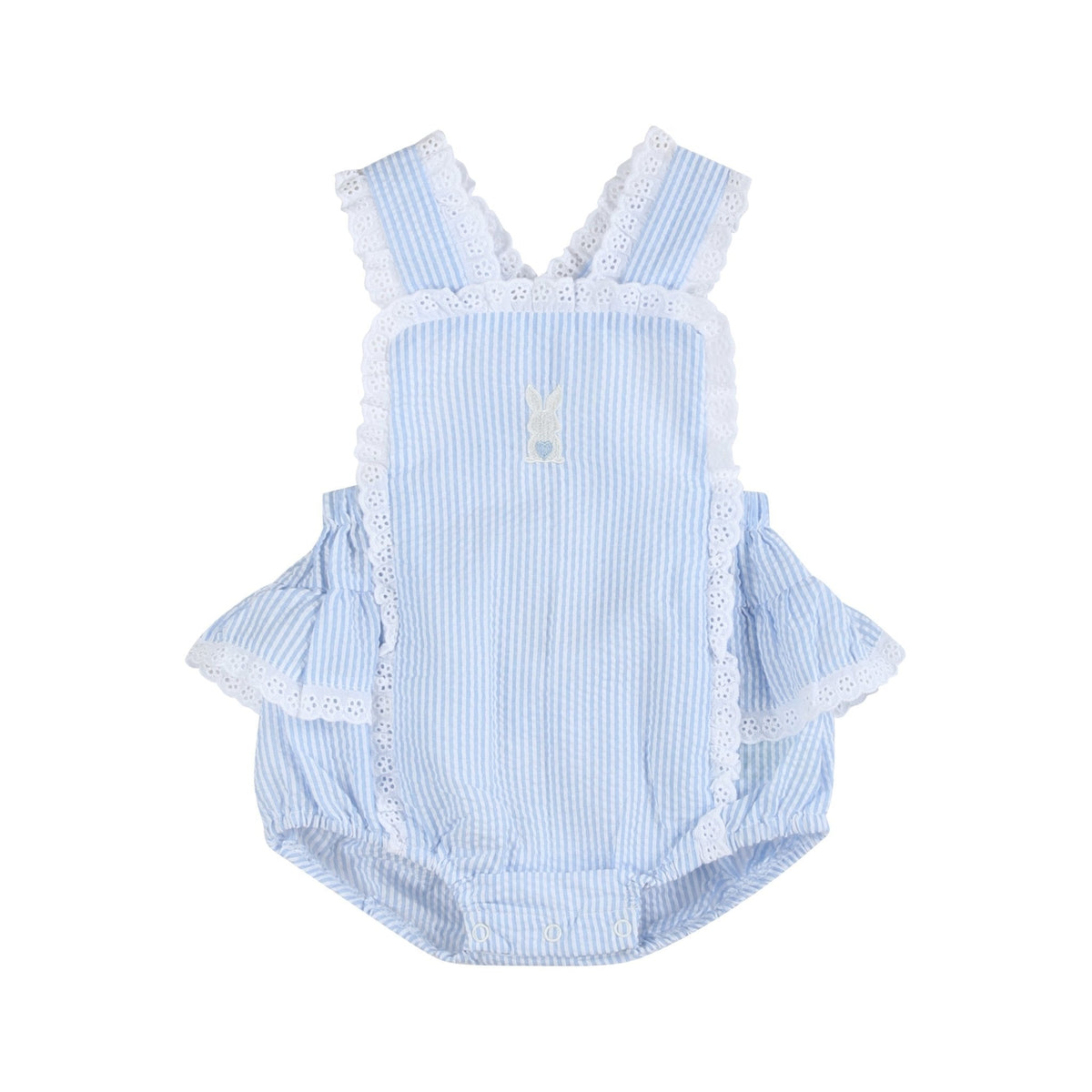 Light Blue Seersucker Bunny Ruffle Bubble Romper