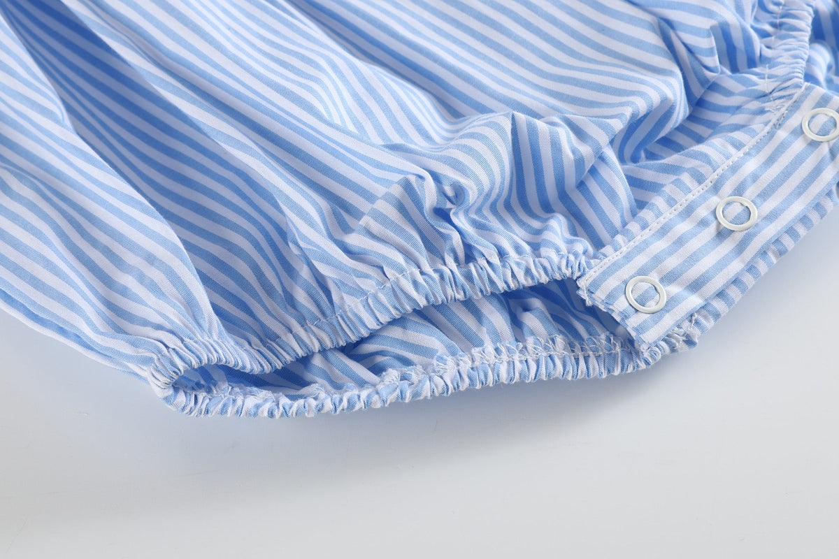 Light Blue Striped Lemons Smocked Ruffle Bubble Romper