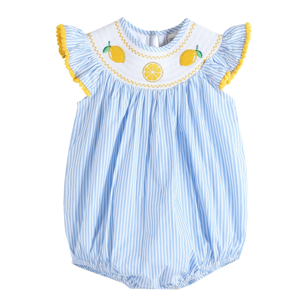 Light Blue Striped Lemons Smocked Ruffle Bubble Romper