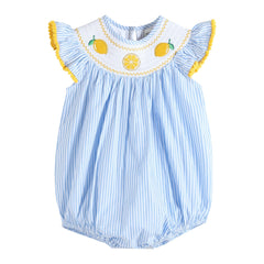 Light Blue Striped Lemons Smocked Ruffle Bubble Romper
