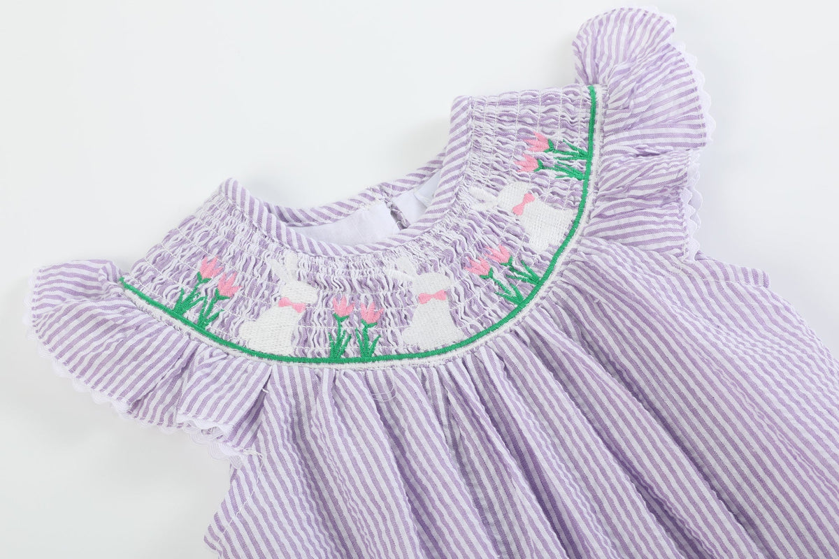 Light Purple Seersucker Bunny Smocked Bubble Romper