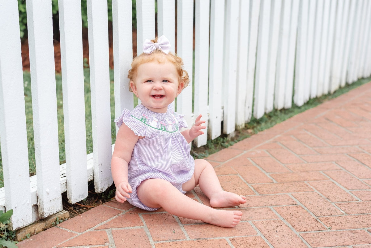 Light Purple Seersucker Bunny Smocked Bubble Romper