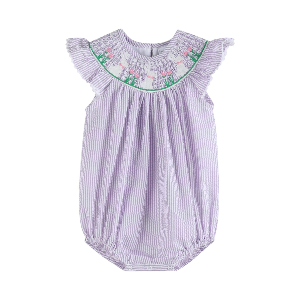Light Purple Seersucker Bunny Smocked Bubble Romper