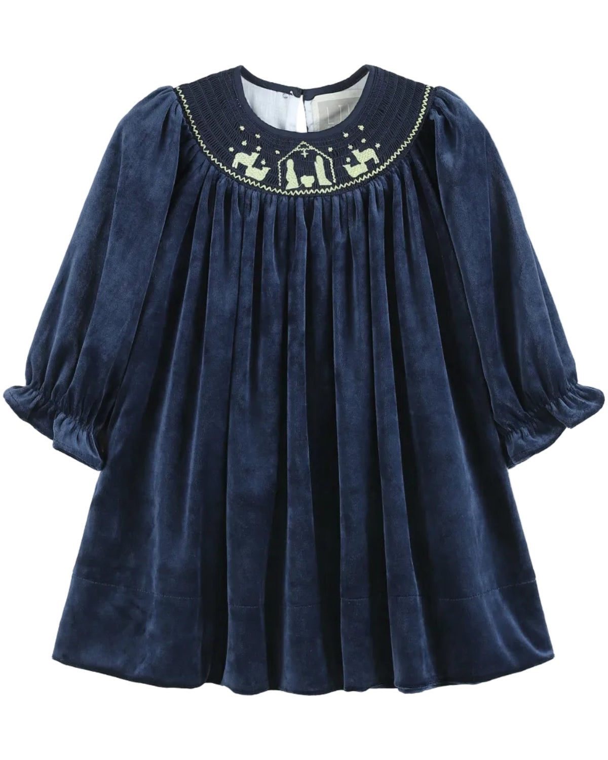 Navy Blue Velvet Gold Nativity Smocked Bishop Dress