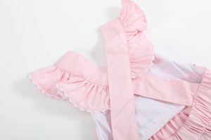 Pink and White bows Smocked Ruffle Bubble Romper