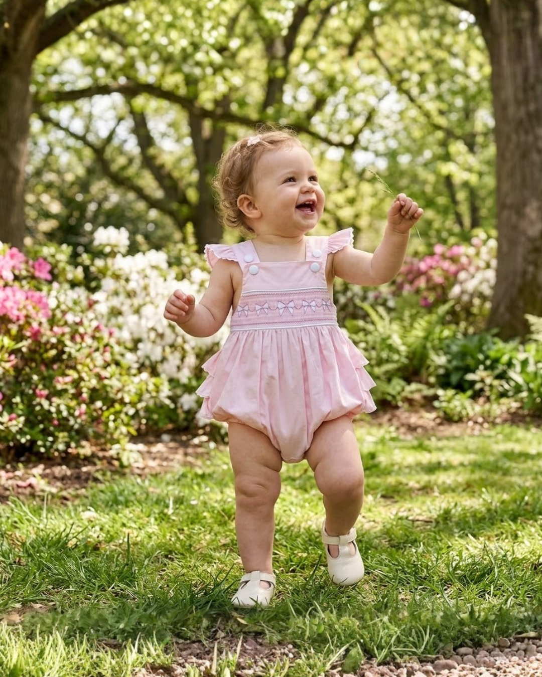 Pink and White bows Smocked Ruffle Bubble Romper