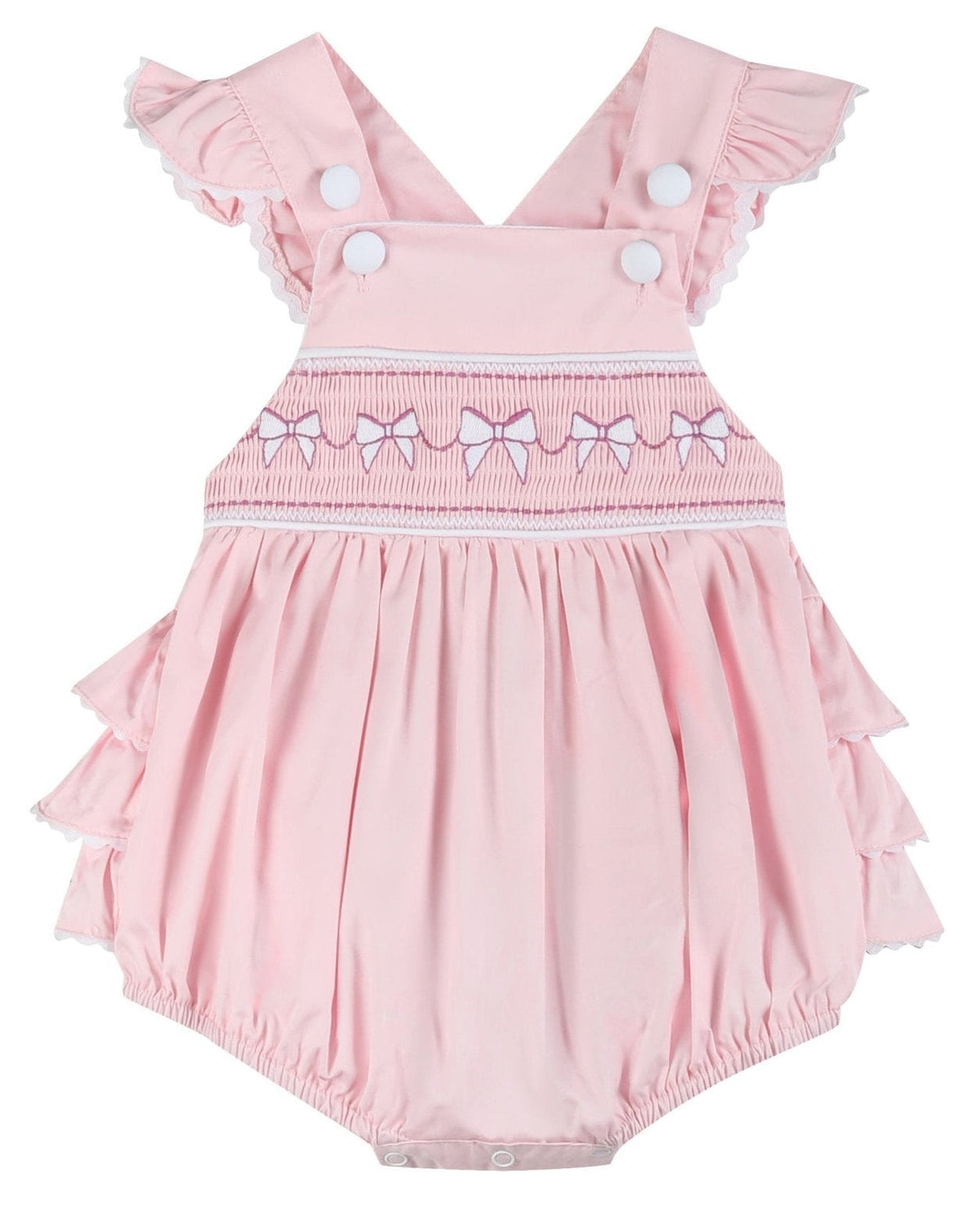 Pink and White bows Smocked Ruffle Bubble Romper